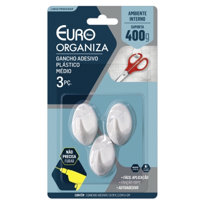 Gancho Adesivo 3pçs M Oval Branco Euro Home