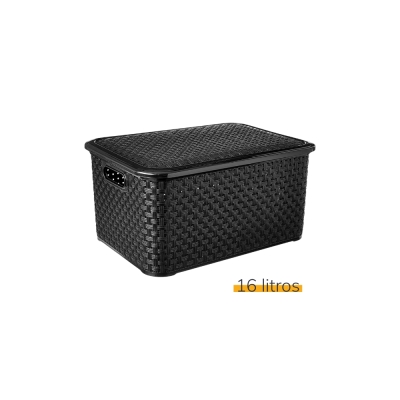 Cesto Plastico C/Tampa 16lt Rattan Preto Lig Brin