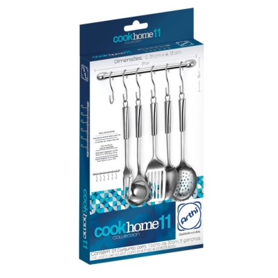 Barra Suporte Utensilios Cook Home 6 Ganchos Cromado (1411) Arthi