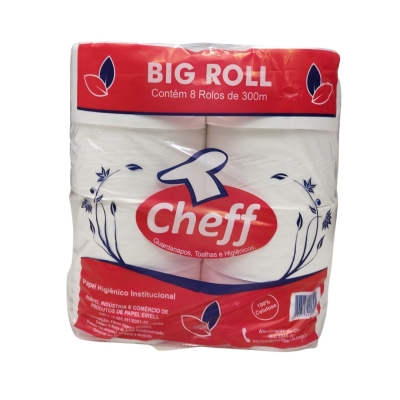 Papel Higienico 300mt 8 Rolos Branco 100% Celulose Big Roll Cheff