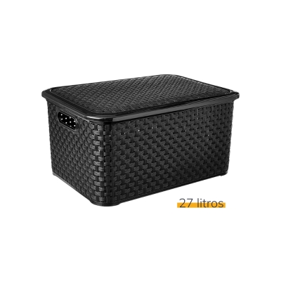 Cesto Plastico C/Tampa 27lt Rattan Azul Escuro Lig Brin