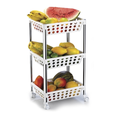 Fruteira Chão 3 Cestos C/Rodizios Branca/Cromada Unique Arthi