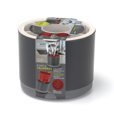 Porta Talheres C/Tampa 7 Divisorias Preto/Cinza Arthi